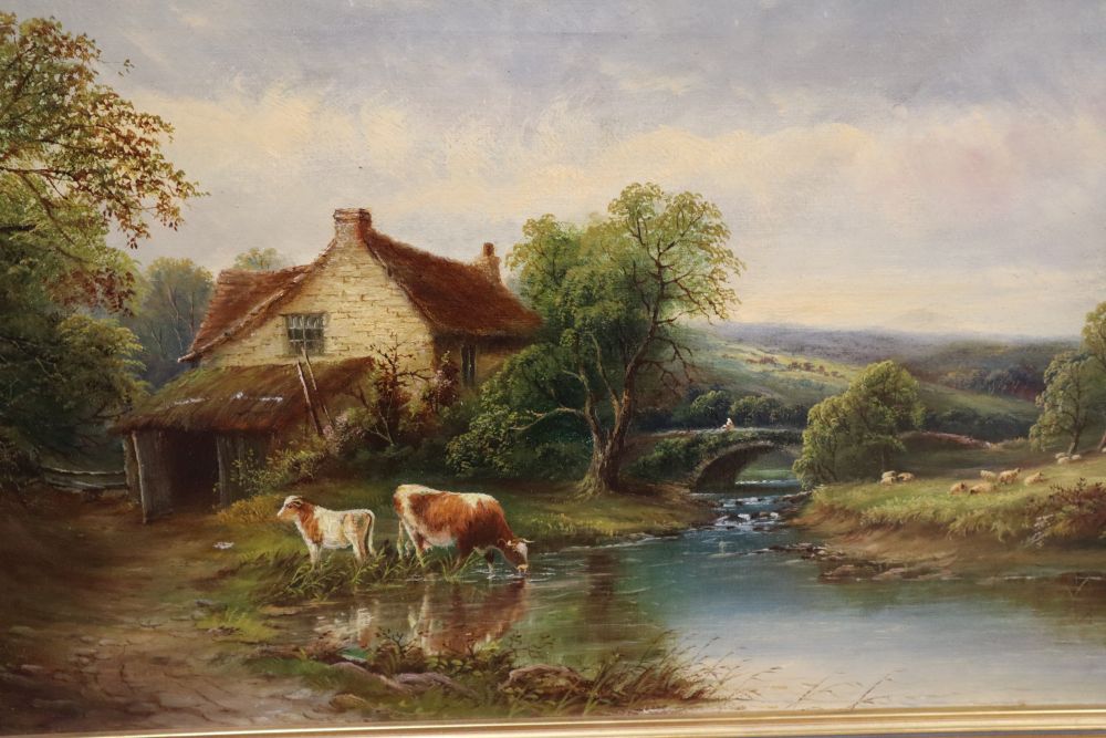 Henry Harris (1852-1926), oil on canvas, Cattle watering, signed, 30.5 x 51cm